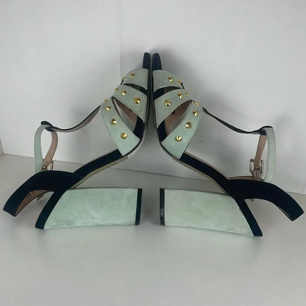 Gold Spiked Caged Faux Suede T-Strap Heels 7